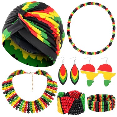 Bonuci 7 Pcs Juneteenth Jamaica African Jewelry Set Rasta Jewelry Accessories Set Include Rasta Headband, Wooden Earrings, Multicolor Beaded Jamaican Bracelet Necklace for Women