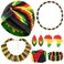 Bonuci 7 Pcs Juneteenth Jamaica African Jewelry Set Rasta Jewelry Accessories Set Include Rasta Headband, Wooden Earrings, Multicolor Beaded Jamaican Bracelet Necklace for Women
