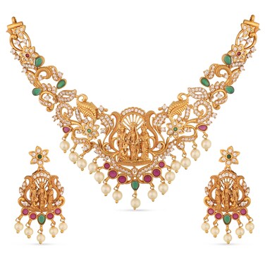 TARINIKA Antique Gold Plated Samaira Short Necklace Set with Floral Design - Indian Jewelry Sets for Women   Perfect for Ethnic Occasions   Traditional south Indian necklace   1 Year Warranty*