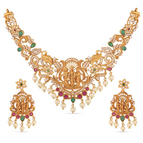 TARINIKA Antique Gold Plated Samaira Short Necklace Set with Floral Design - Indian Jewelry Sets for Women   Perfect for Ethnic Occasions   Traditional south Indian necklace   1 Year Warranty*