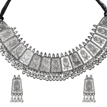 Bodha Traditional Indian Antique Silver Plated Oxidised Tribal Necklace Jewellery Set for Women (SJN_174)