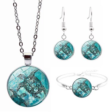 PONCTUEL ESCARGOT Sea Turtle Jewelry Set for Women Blue Tortoise Animal Necklace Earrings and Bracelet Mom Turtle Gift for Mother's Day Gift (A)