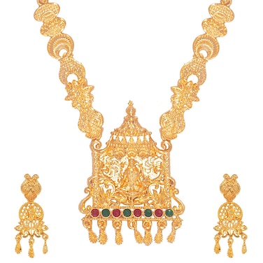 Bodha Traditional Indian Gold Plated Godess Lakshmi Temple Jewelry Designer Stylish Long Bridal Jewelry Necklace Set for Women (SJ_2972)
