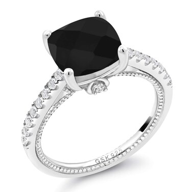 Gem Stone King 4.07 Cttw Black Onyx and White Created Sapphire Engagement Ring For Women In 925 Sterling Silver   Cushion Checkerboard Cut 10MM   Gemstone Birthstone   Available In Size 5-9