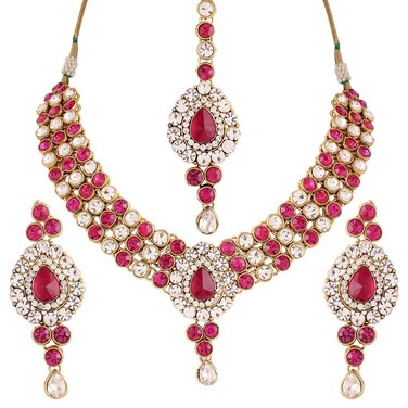 I Jewels Traditional Gold Plated Jewellery Set with Maang Tikka using Austrian Diamonds for Women IJ250Q (Rani/Dark Pink)