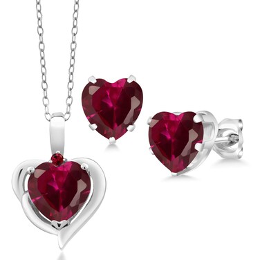 Gem Stone King 5.12 Cttw Red Created Ruby Pendant and Earrings Jewelry Set For Women In 925 Sterling Silver   Heart Shape 8MM   With 18 Inch Chain