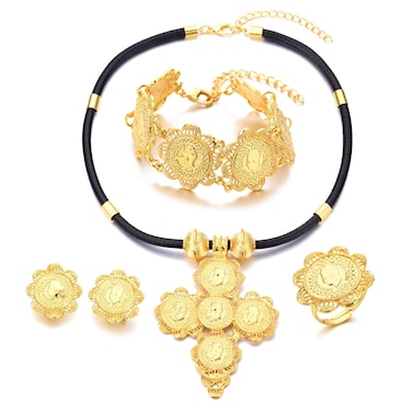 Sajayea Ethiopian Jewelry for Women Set Ethiopia Coins Jewelry with Black Rope African Wedding Engagement Gift