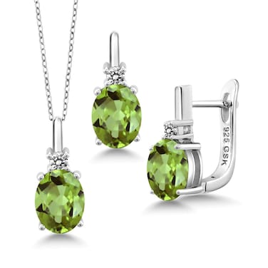 Gem Stone King 925 Sterling Silver Green Peridot and White Diamond Pendant and Earrings Jewelry Set For Women (4.12 Ct Oval 9X7MM, Gemstone Birthstone, with 18 Inch Silver Chain)