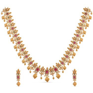 TARINIKA Antique Gold Plated Ahaana Long Necklace Set with Floral Design - Indian Jewelry Sets for Women   Perfect for Ethnic Occasions   Traditional South Indian Necklace   1 Year Warranty*