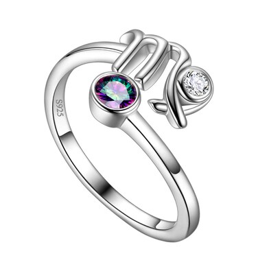 Zodiac Sign Virgo Ring Crystal Mystic Rainbow Astrology Ring Women Boho Ring Genuine Silver Adjustable Celestial Ring Personalized Promise Ring August September Birthday Jewelry Gift FR0036C