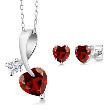 Gem Stone King 925 Silver Red Garnet Heart Shape Pendant and Earrings Jewelry Set For Women (2.51 Cttw, Gemstone January Birthstone, with 18 Inch Chain)