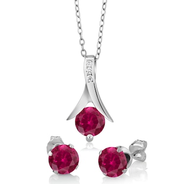 Gem Stone King 925 Sterling Silver Created Ruby Pendant and Earrings Jewelry Set For Women (2.40 Cttw, Round Cut With 18 Inch Silver Chain)