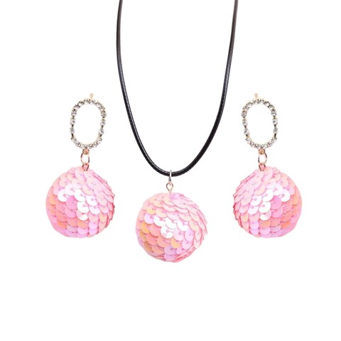 HSQYJ Sequin Pink Ball Dangle Earrings Necklaces Set Disco Ball Drop Earrings Necklace Classic Dance Party jewelry for Women Costume Accessories