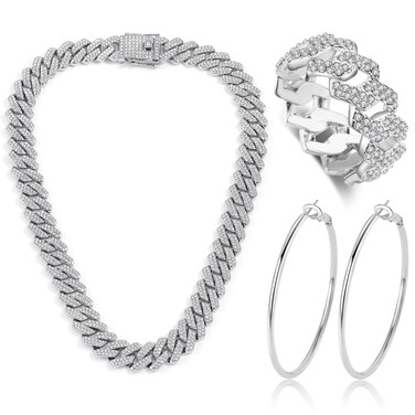 JUNVirtuous 3 Pieces Cuban Link Chain for Women Cuban Diamond Chain Necklace Ring Earrings Hip Hop Silver jewelry set for women and Men (18 inch Silver Necklace Set A)
