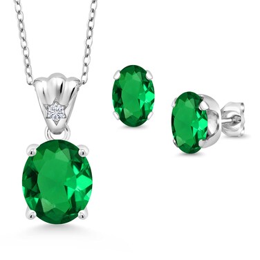 Gem Stone King 925 Sterling Silver Green Nano Emerald and White Lab Grown Diamond Pendant and Earrings Jewelry Set For Women (4.29 Cttw, Oval 11X9MM and 8X6MM with 18 Inch Silver Chain)