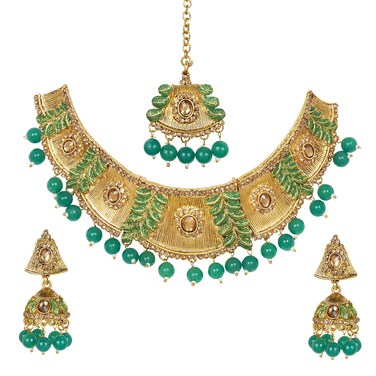 Bodha Traditional IndianAntique Gold Plated One Gram Bridal Jewellery Combo Necklace Set with Tikka and Earrings for Women (SJ_2881_G)
