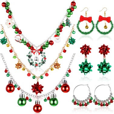 6 Pcs Women's Christmas Necklace Earrings Jewelry Set Metal Xmas Bow Necklace Jingle Bells Beaded Collar Necklace Crystal Teardrop Pendant Necklace Wreath Earrings Christmas Hoop Earrings for Women