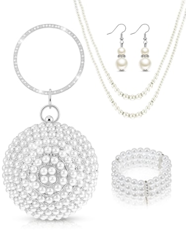 4 Pcs Faux Pearl Evening Clutch Purse Round Ball Silver Rhinestone Bag Pearl Jewelry Set for Women Evening Wedding Artificial Pearl Handbag