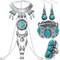 4 Pieces Boho Turquoise Jewelry Set Includes Boho Statement Necklace Body Chains Alloy Oval Resin Drop Dangle Earrings Adjustable Heart Compressed Turquoise Bracelet Turquoise Statement Ring for Women