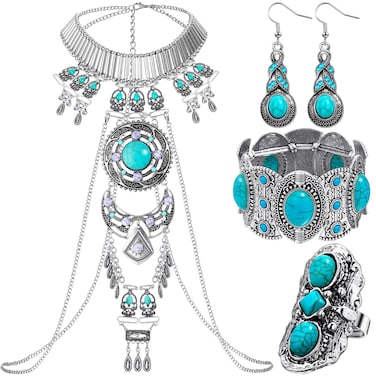 4 Pieces Boho Turquoise Jewelry Set Includes Boho Statement Necklace Body Chains Alloy Oval Resin Drop Dangle Earrings Adjustable Heart Compressed Turquoise Bracelet Turquoise Statement Ring for Women