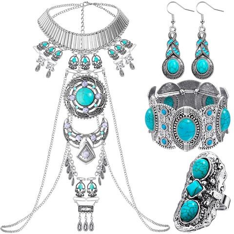 4 Pieces Boho Turquoise Jewelry Set Includes Boho Statement Necklace Body Chains Alloy Oval Resin Drop Dangle Earrings Adjustable Heart Compressed Turquoise Bracelet Turquoise Statement Ring for Women
