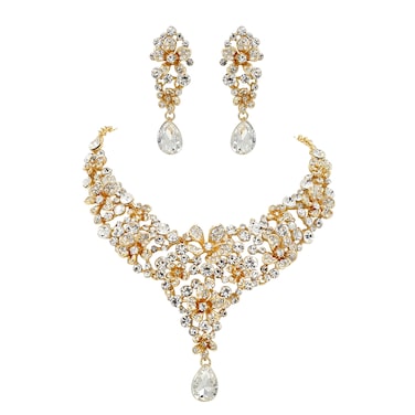 Iris Island Wedding Floral Clear Crystal Rhinestone Necklace Earrings Bridal Jewelry Set Gold Plated