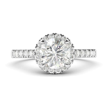14k White Gold Classic Simulated Round Brilliant Cut Diamond Halo Engagement Ring with Side Stones (4.5)