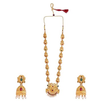 Mirraw Red &amp; Green Stone Studded Temple Jewellery Sets 1 Neckalce / 1 Pair Of Earrings