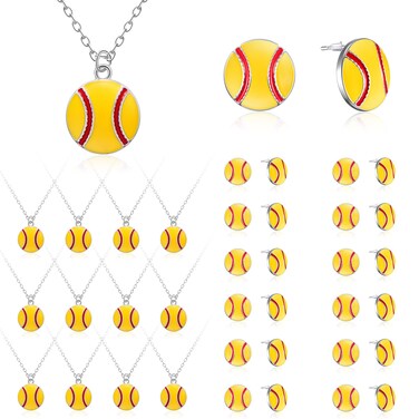 Landical 12 Sets Softball Necklace and Earrings Sport Theme Gifts Softball Earrings Stud Softball Pendant Necklaces for Youth Women Player Softball Game Fan Jewelry Accessories