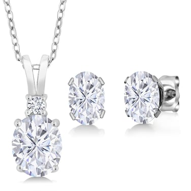Gem Stone King 3.37 Cttw White Moissanite and White Diamond Pendant Necklace Earrings Set For Women   925 Sterling Silver   Oval 8X6MM and 7X5MM   With 18 Inch Chain