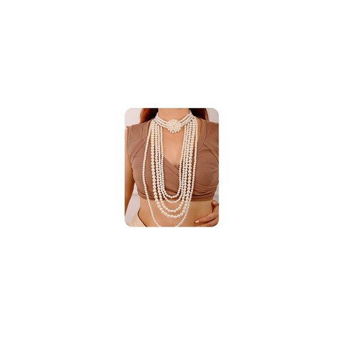 Wiwpar 1920s Long Faux Pearls Necklace Set Pearls Costume Accessories Vintage Bridal Pearl Necklace Earrings Jewelry Set Multilayer Imitation Pearl Necklace with Brooch