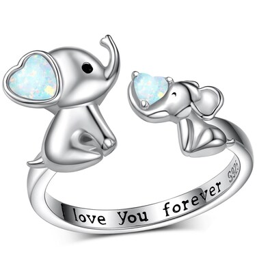 Daixiya Opal Elephant Rings 925 Sterling Silver Elephant Open Rings Jewelry Gifts for Women Mom Wife