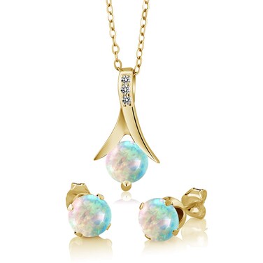 Gem Stone King 0.95 Ct Cabochon Simulated Opal White Diamond 18K Yellow Gold Plated Silver Jewelry Set