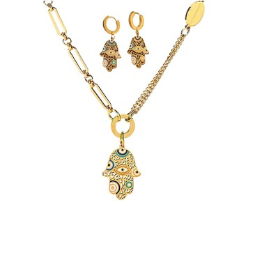 ABJFJE Fashion Gold Plated Enamel Evil Eye Earrings Necklaces Jewelry Set Stainless Steel Hamsa Eye Pendant Lucky Protection Jewelry Gift for Women