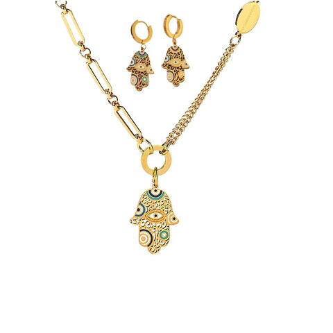 ABJFJE Fashion Gold Plated Enamel Evil Eye Earrings Necklaces Jewelry Set Stainless Steel Hamsa Eye Pendant Lucky Protection Jewelry Gift for Women