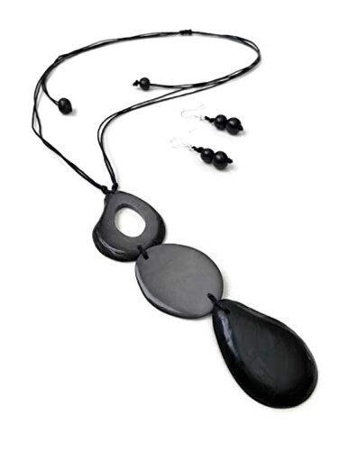 Tagua Nut Necklace Long Tagua Necklace and Earrings in Black and Gray TAG638B. Adjustable Length Set, Vegetable Ivory Necklace. Organic Handmade Tagua Nut Jewelry