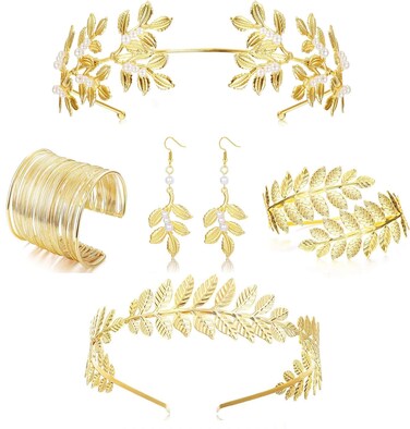 Fiosunia 5 Pcs Greek Goddess Costume Accessories Set for Women Gold Laurel Leaf Crown Headband Upper Arm Cuff Coil Bracelet Pearl Dangle Earring Bridal Wedding Headpiece Toga Costume Jewelry