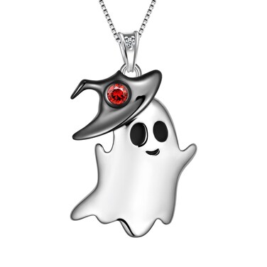 Ghost Halloween Pendant Witch Hat Necklace - 925 Sterling Silver Red Crystal Charms Cute Ghost Jewelry Halloween Christmas Gifts for Women Halloween Party Costume Accessories Jewelry DP0334W