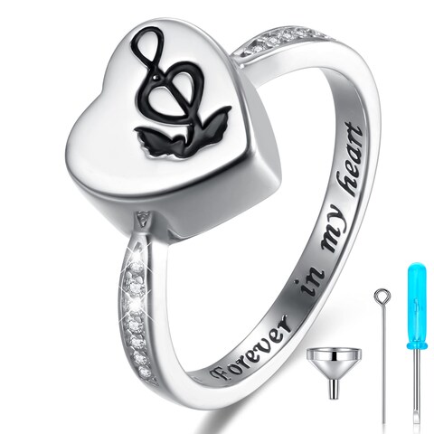 SOLOLIKE Sterling Silver Angel Wings Cremation Rings for Ashes: Music Urn Jewelry for Women - Heart Ashes Keepsake Memorial Jewelry Gifts for A Loss of Loved Ones