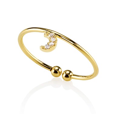namana Dainty Rings for Women with Cubic Zirconia. Open Gold Ring with a Moon Crescent Motif. Adjustable Gold Rings for Women in 14ct Gold Plated. Moon Ring Set with Zirconia.