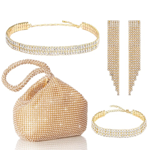 Coucoland Rhinestone Purse Jewelry Set - 4 In 1 Set Evening Clutch Bag Dressy Earrings Choker Bracelet Glitter Wedding Accessories