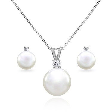 Pearl Necklace and Earring Set - Sterling Silver Simulated White Pearls 10mm Stud Earrings &amp; Necklace Set with CZ Accents