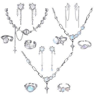 Tondiamo 12 Pcs Y2k Necklace Jewelry Set Y2k Star Moonstone Accessories Irregular Pendant Earrings Dangling Silver Y2k Rings Aesthetic Crystal Jewelry Gifts Indie Punk Rings Adjustable for Women