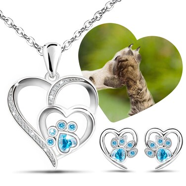 Paw Necklace Earrings Set for Girls Trendy - Sterling Silver Aquamarine Cubic Zirconia Dog Cat Pet Paw Print Love Heart Pendant Necklace Cute Animal Stud Earrings Charm Necklace Dainty Gifts for Women
