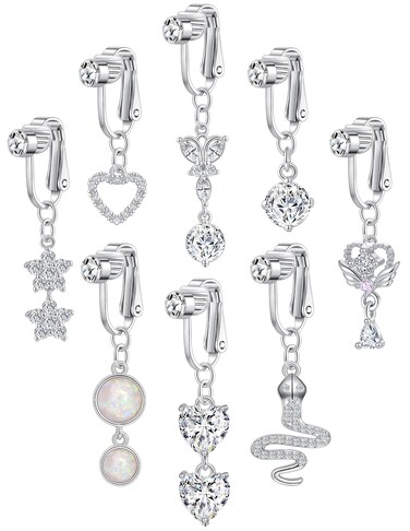 Akeoqi 8PCS Fake Belly Ring Clip on Belly Button Rings Heart CZ Star Snake Evil Eye Flower Devil Non Piercing Dangling Navel Ring Jewelry Set For Women Silver Tone