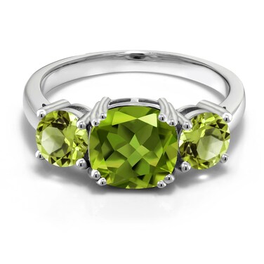 Gem Stone King 925 Sterling Silver Green Peridot 3 Stone Engagement Ring For Women (3.45 Cttw, Gemstone August Birthstone, Cushion 8MM, Size 8)