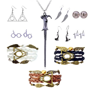 HJYZY 10 pcs Retro Triangle Wings Lightning Magic Hat Glasses Earring Set Magic Wand Pendant Necklace Deathly Hallows and Owls Charm with Black Leather Braid and Rope Bracelet
