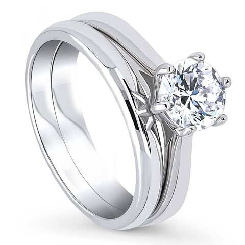 BERRICLE Sterling Silver Solitaire Wedding Engagement Rings 1 Carat Round Cut Cubic Zirconia CZ Ring Set for Women, Rhodium Plated Size 6.5