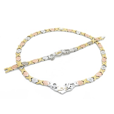 3 TONE I LOVE YOU HUGS AND KISSES NECKLACE &amp; BRACELET SET XOXO STARBURST 20" LENGTH
