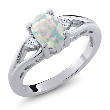 Gem Stone King 925 Sterling Silver White Simulated Opal &amp; White Created Sapphire 3 Stone Engagement Ring For Women   1.13 Cttw   Oval Cabochon 8X6MM   Round 2MM   Gemstone October Birthstone